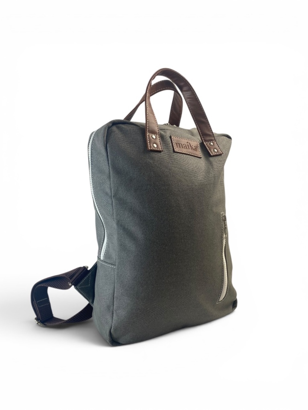 Maika Waxed Canvas Backpack with Brown Vegan Leather Handles and Trim in Gray